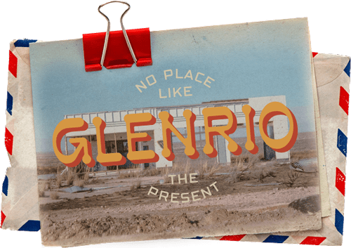stack of postcards with photo of Glenrio on top, label says No Place Like The Present - Glenrio